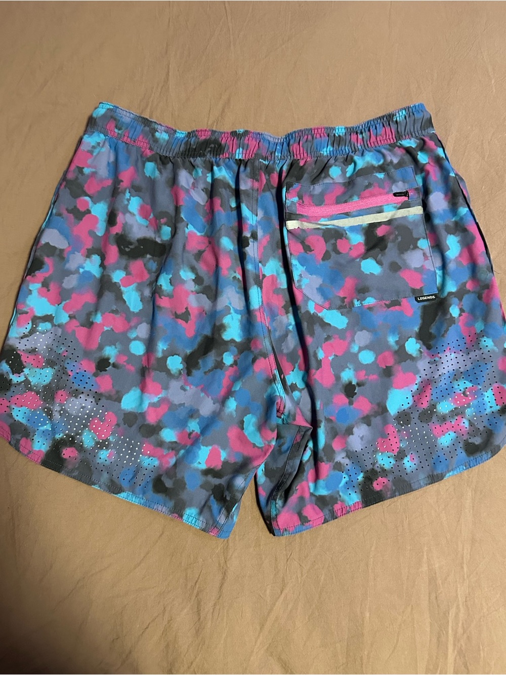 Neon Camo Workout Shorts with Pink Waistband - Picture 2 of 9